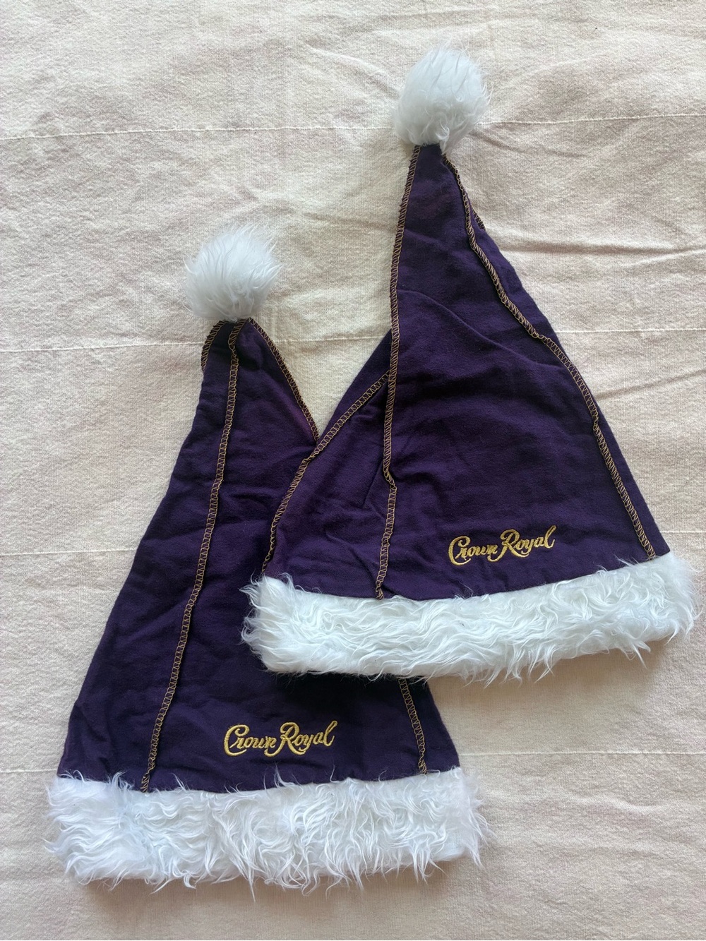 Pair of Crown Royal Canadian Whiskey Santa Christmas Purple Festive Hats Gift